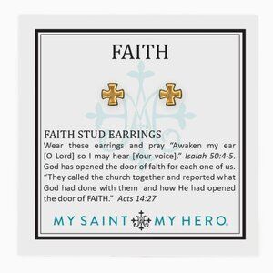 My Saint My Hero Faith Gold Stud Earrings NEW IN BOX
